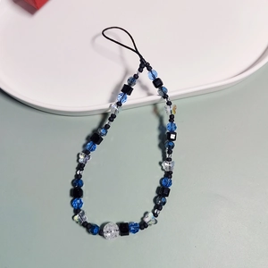 Blue crystal butterfly beaded phone charm strap with black and white beads decoration