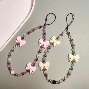 Acrylic bow beaded phone charm strap with pink and white crystal beads for women