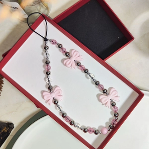 Pink acrylic bow phone charm with silver beads and beads in ins style for women