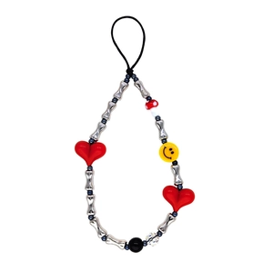 Beaded phone charm strap with silver bone heart smiley face and mushroom beads