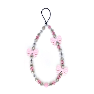 Pink bow acrylic beaded phone strap with silver metallic accents and clear faceted beads