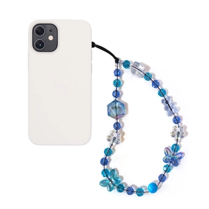 Blue crystal beaded butterfly phone charm strap with floral accents on white background