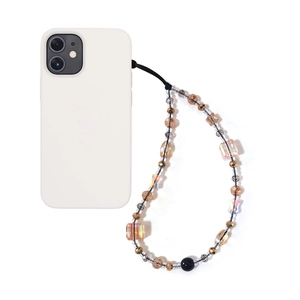 Beaded butterfly phone charm strap with amber crystals and metallic accents on white case