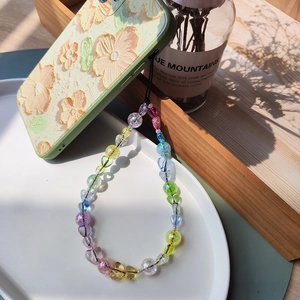 Colorful Beaded Phone Strap Acrylic Glass Heart Round Beads Anti-lost Wrist Lanyard For Women Girl Ins Style Phone Chain