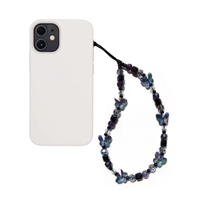 Handmade beaded phone strap with dark butterfly crystal charms and purple beads on white background