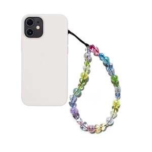 Colorful acrylic heart beaded phone strap with rainbow beads on white smartphone