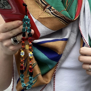 Retro grey crystal beaded phone lanyard wrist strap for women with colorful acrylic cubes