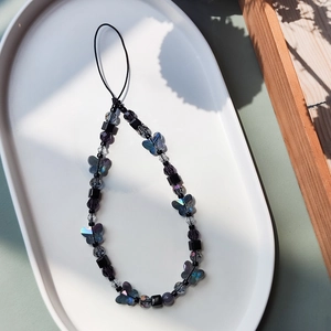 Handmade dark style beaded phone strap with butterfly crystals and black beads