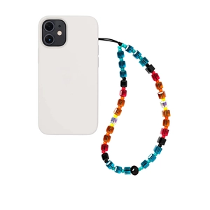 Colorful gradient crystal beaded phone wrist strap on a white matte mobile case