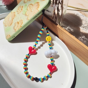 Handmade Colorful Beaded Phone Charm String Rainbow Heart Smiley Face Cloud Phone Strap Ins Style Accessory For Women