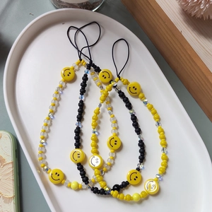 Ins Style Beaded Phone Chain With Smiley Face Acrylic Glass Beads Colorful Anti-Loss Strap For Women Smartphone Jewelry