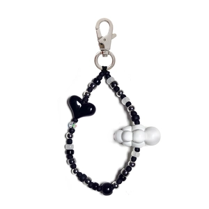 Beaded keychain with black heart and white cloud pendant with silver lobster clasp