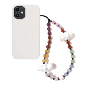 Colorful acrylic gradient bead phone strap with white cloud charms on a mobile case