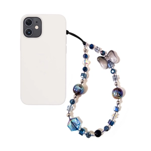 Handmade dark blue crystal beaded phone strap with butterfly charm and metal accents