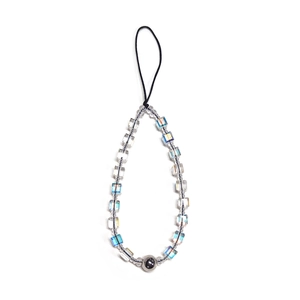 Handmade beaded crystal phone strap with iridescent square beads and black micro lens charm