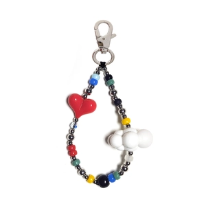 Colorful beaded keychain with red heart and cloud charm on a silver lobster clasp