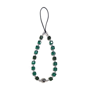 Handmade beaded phone strap with dark green crystal cubes and silver metallic sphere bead