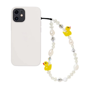 Cute yellow duck phone charm with imitation pearls and beads on a white case