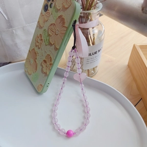 Lanière de Téléphone Perlée en Verre Cristal Rose Faite à la Main Cœur Acrylique Anti-perte Bijoux Femme Cadeau