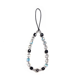 Minimalist beaded phone strap with black and iridescent faceted beads and silver ball