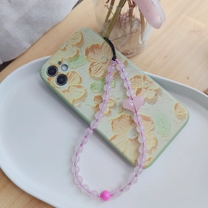 Coque de téléphone à fleurs à l'huile avec lanière de perles violettes et pendentif cœur