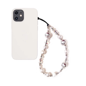 Detail of beaded phone strap with white pearls and Hello Kitty character round beads