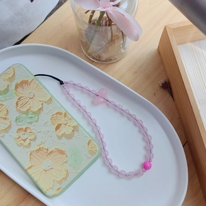 Bijou de téléphone fait main avec perles de cristal roses et motifs de cœurs mignons