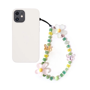 Detail of beaded phone wristlet strap with frosted flowers and acrylic butterfly charms