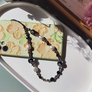 Vintage style beaded phone strap with number 8 billiard bead and baroque pearls