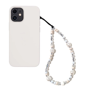 Laccetto per cellulare fatto a mano con perle sintetiche e perline satinate su cover