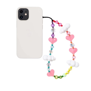 Handmade beaded phone strap with amethyst, acrylic hearts and clouds on a white case