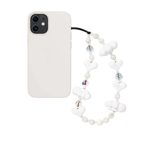 Handmade beaded phone strap with white hearts, clouds, and natural amethyst stone beads