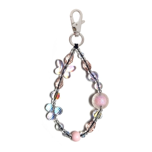 Pink crystal beaded keychain with butterfly pendant and metallic lobster clasp for bags