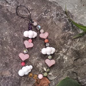 Charming beaded phone strap with pink hearts and white clouds on natural stones