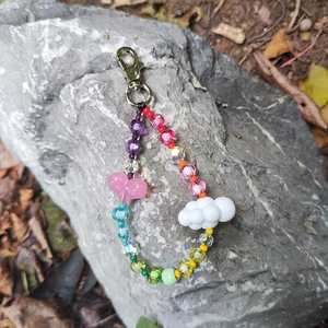 Handmade rainbow beaded keychain with pink heart, white cloud, and metal lobster clasp