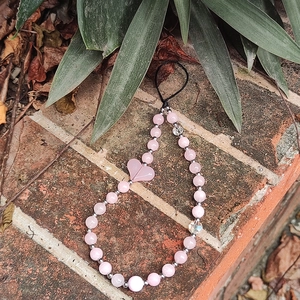 Pink crystal heart beaded phone charm strap with silver accents and resin beads