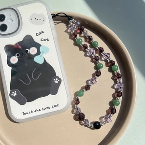 Purple crystal beaded phone strap with white cat illustration phone case for women