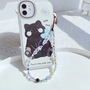White smartphone case with cute cartoon black cat and colorful crystal bead strap accessory