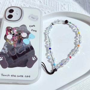 Chic transparent crystal beaded phone charm with a cute cartoon cat frosted phone case