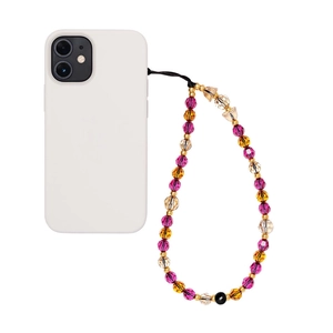 Détail d'une dragonne de téléphone en perles colorées avec cristaux et touches dorées