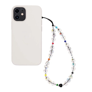 Colorful faceted crystal bead phone charm strap attached to white smartphone case