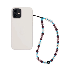 Détail d'une dragonne de téléphone en perles de cristal violettes et bleues faites main