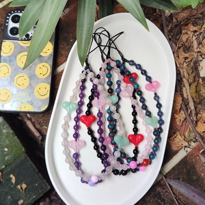 Natural Stone Acrylic Heart Beaded Phone Chain Lanyard Handmade Vintage Amethyst Phone Strap For Women Camera Hanging Decoration