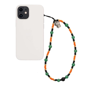 Beaded phone strap with mint green jade and tiger charm accessory on a white phone