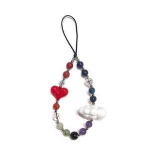 Colorful beaded phone strap with purple amethyst, red heart, and white cloud charms