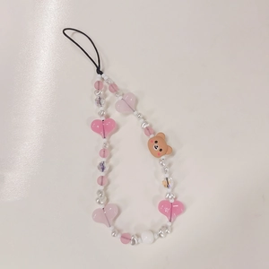 Handmade beaded phone strap with pink hearts, pearls, and cute brown teddy bear charm