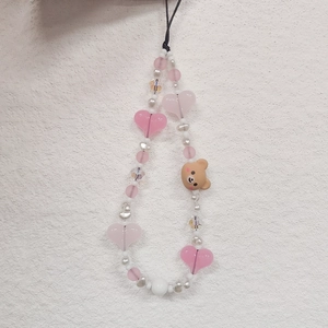 Handmade beaded phone strap with cute brown teddy bear and pink heart charms for women