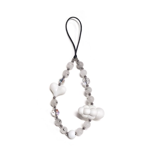 Mini amethyst beaded phone strap with white heart and cloud charms on plain white background