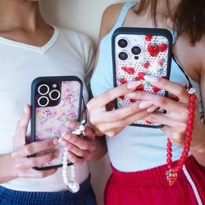 Floral iPhone case set with strawberry charms and beaded wrist strap for women