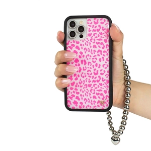 Pink leopard phone case with silver beaded wrist strap and heart charm on white background
